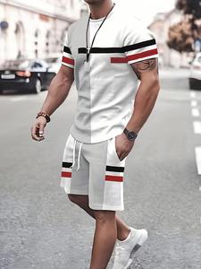 Two Pieces Men's Colorblock Striped Print Drawstring Two-piece Set, Regular Fit Casual Short Sleeve T-shirt & Pocket Shorts, Outfit Sets for Men, Men's Summer Outfits for Daily Wear, Going Out Outfit, Menswear