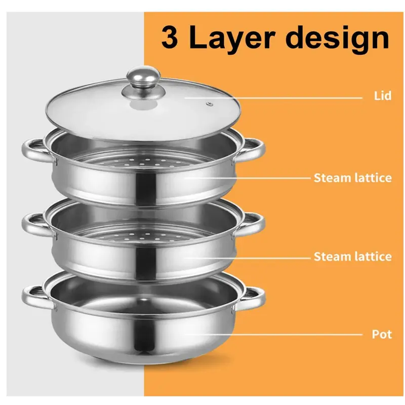 3 Tier Stainless Steel Steamer Set – Non-Stick Multi-Cooker Pot with Glass Lid – Three Piece Steamer Pan Set for Healthy Cooking – Dishwasher Safe 2