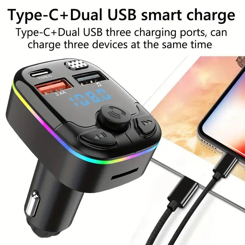 1 pc  Bluetooth 5.4 FM Transmitter Car phone Charger 54W PD&QC 3.0 dual USB Type-C Charger Adapter [Fast Charging] [Stronger Mics & HiFi Deep Bass] [Light Switch] Wireless Radio Receiver Hands-Free Calling 1