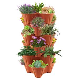 GEEZY Set of 6 Stackable Strawberry Planter – Terracotta Brown, 3-Tier Planters for Outdoor Vertical Gardening, Space-Saving Durable Pots for Small Gardens, Patios, Balconies – Ideal for Herbs & Plants