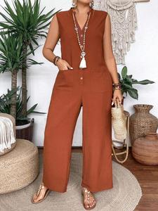 【Plus Size】 Solid Color Jumpsuit, Casual Sleeveless Jumpsuit for Summer, Women's Clothes for Daily Wear