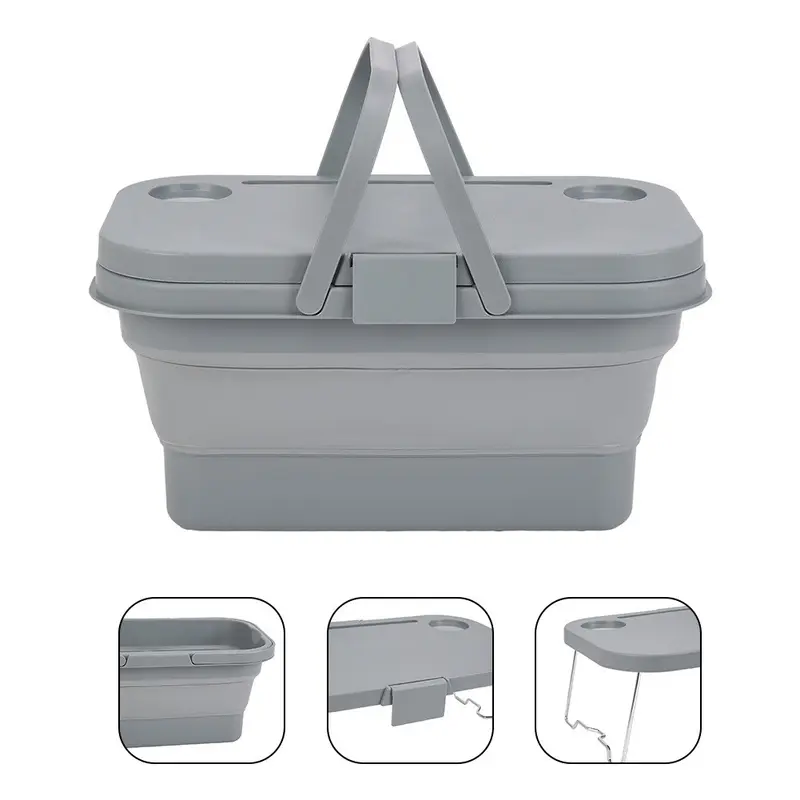 Collapsible Folding Picnic Basket W/Table Lid Caravan Camping Travel Storage Box  UK 7