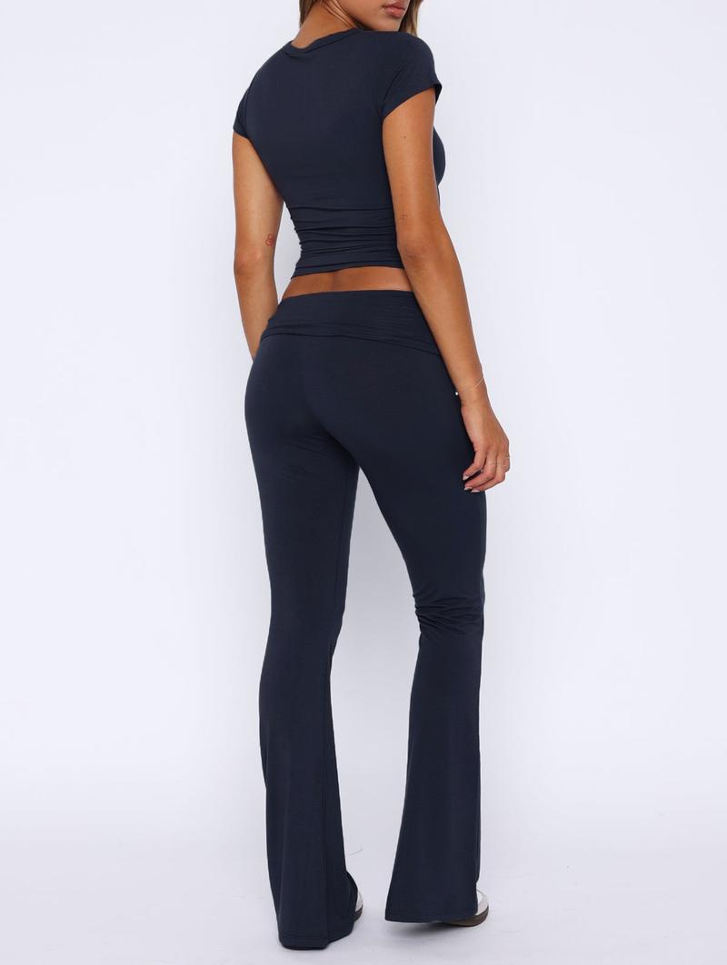 Product Introduction of Women 2 Piece Lounge Sets Matching Sets Short Sleeve Cropped Top Fold Over Flare Pants Yoga Tracksuit 13