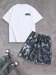 Two-Piece Set Men's Letter Print Short Sleeve Tee & Tie Dye Print Shorts, Loose Crew Neck T-Shirt & Track Shorts, Casual Summer Clothes for Outdoor