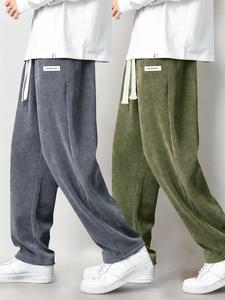 Men's Letter Print Corduroy Pants, Casual Comfy Loose Straight Leg Trousers for Fall & Winter, Men's Bottoms for Daily Wear