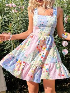 Women's Floral Print Knot Back Tank Dress, Boho Backless Sleeveless A-line Dress for Beach Holiday Vacation, Ladies Summer Clothes