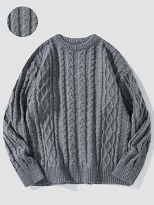 Men's Solid Textured Drop Shoulder Cable Knit Sweater, Loose Casual Long Sleeve Round Neck Jumper for Fall & Winter, Fashion Men's Knitwear for Daily Wear