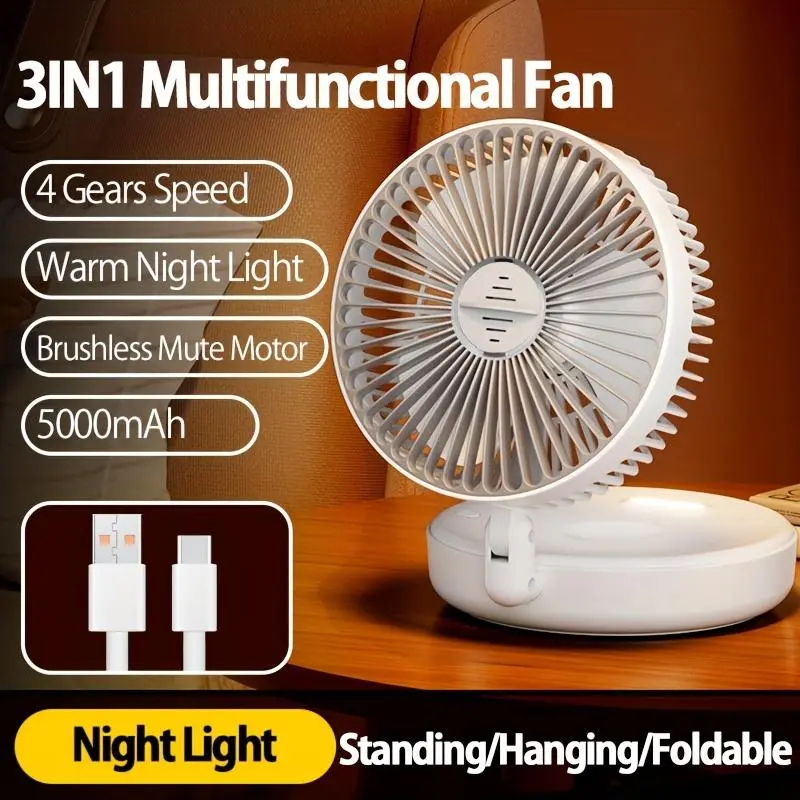 1pc 3-in-1 Rechargeable Circulation Fan - Versatile & Compact, Foldable Desktop/Wall Mount Fan with 4 Adjustable Speeds, Quiet Brushless Motor, Warm Night Light Feature, Includes Traceless Hook - Ideal for Office, Home, Outdoor Use, Portable Fan 8