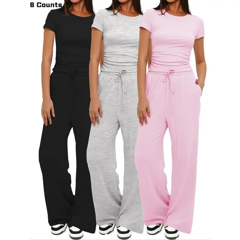 Women's Solid Crop Top & Drawstring Wide Leg Pants Loungewear Two-piece Set, Casual Comfy Round Neck Short Sleeve Top & Trousers PJ Set, Ladies Sleepwear for All Seasons, Pajamas 0