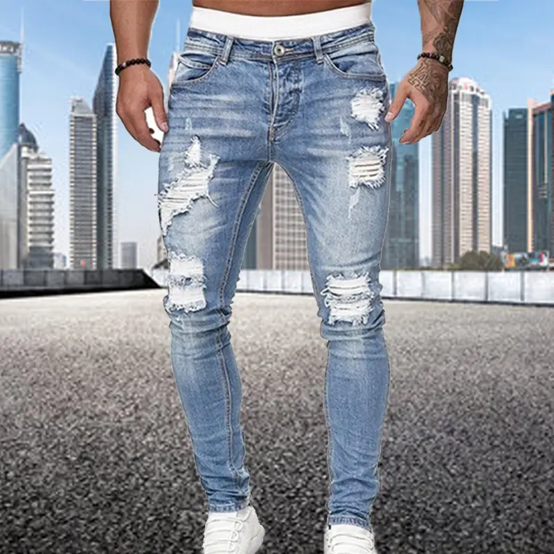Fashion Street Style Ripped Skinny Jeans Men Vintage wash Solid Denim Trouser Mens Casual Slim fit pencil denim Pants hot sale Menswear Streetwear Pocket Beige 2