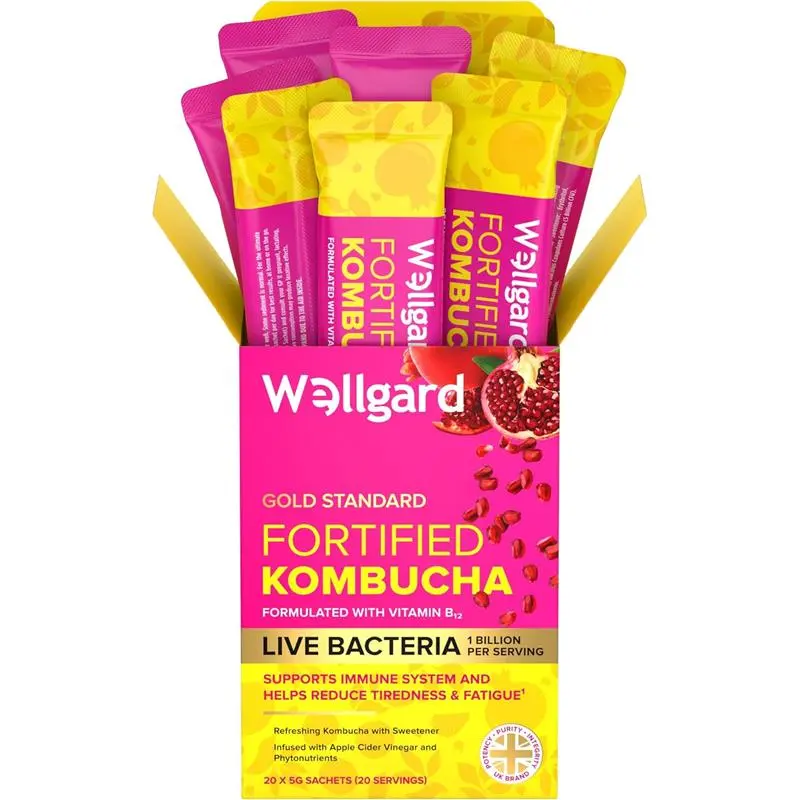 Wellgard Fortified Kombucha, Vegan Probiotic Drink Sticks, Probiotics, Immune & Energy, 20 Sticks 1