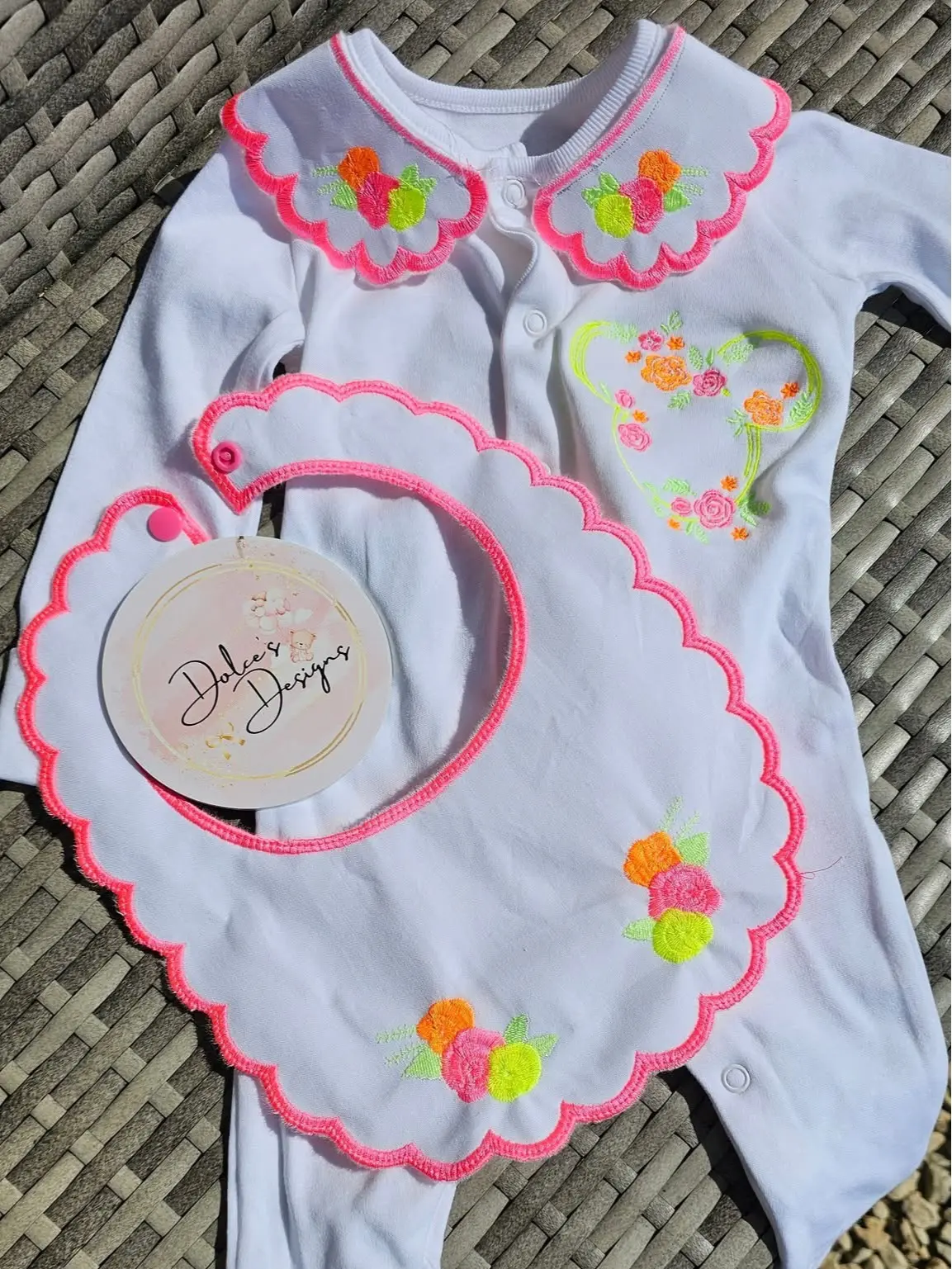 Girls Baby Grow & Bib Set Handmade Neon Summer Set
