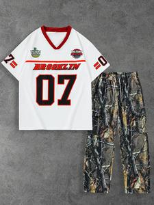Men's Letter Print Short Sleeve Tee & Camo Print Pants Two-piece Set, Loose Casual Round Neck T-shirt & Trousers for Summer, Men's Clothes for Daily Wear