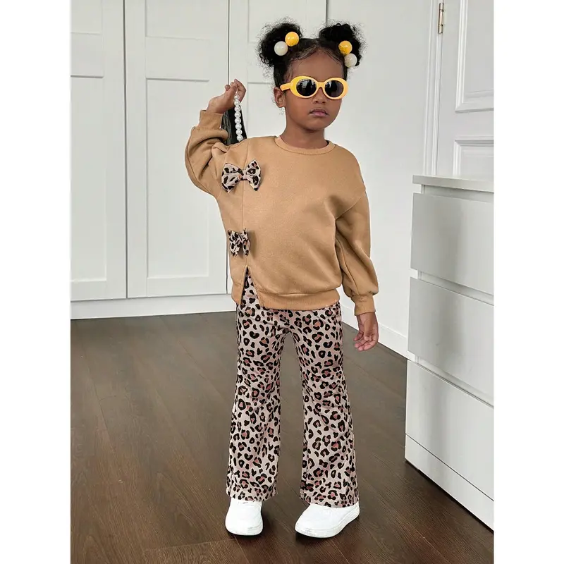 2pcs/Set Young Girl Solid Color Round Neck 3D Leopard Print Bow Knitted Sweater Top With Leopard Print Knitted Pants 3