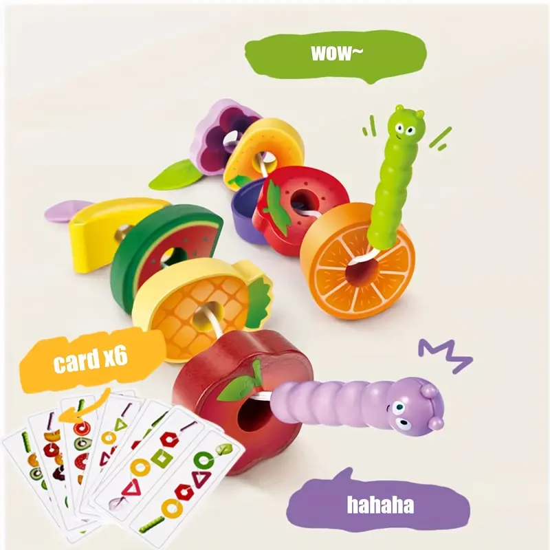 Wooden Animals Caterpillar Eat Fruits String Threading Beads Montessori Toddler Preschool Activities Lacing Toys for Kids 4