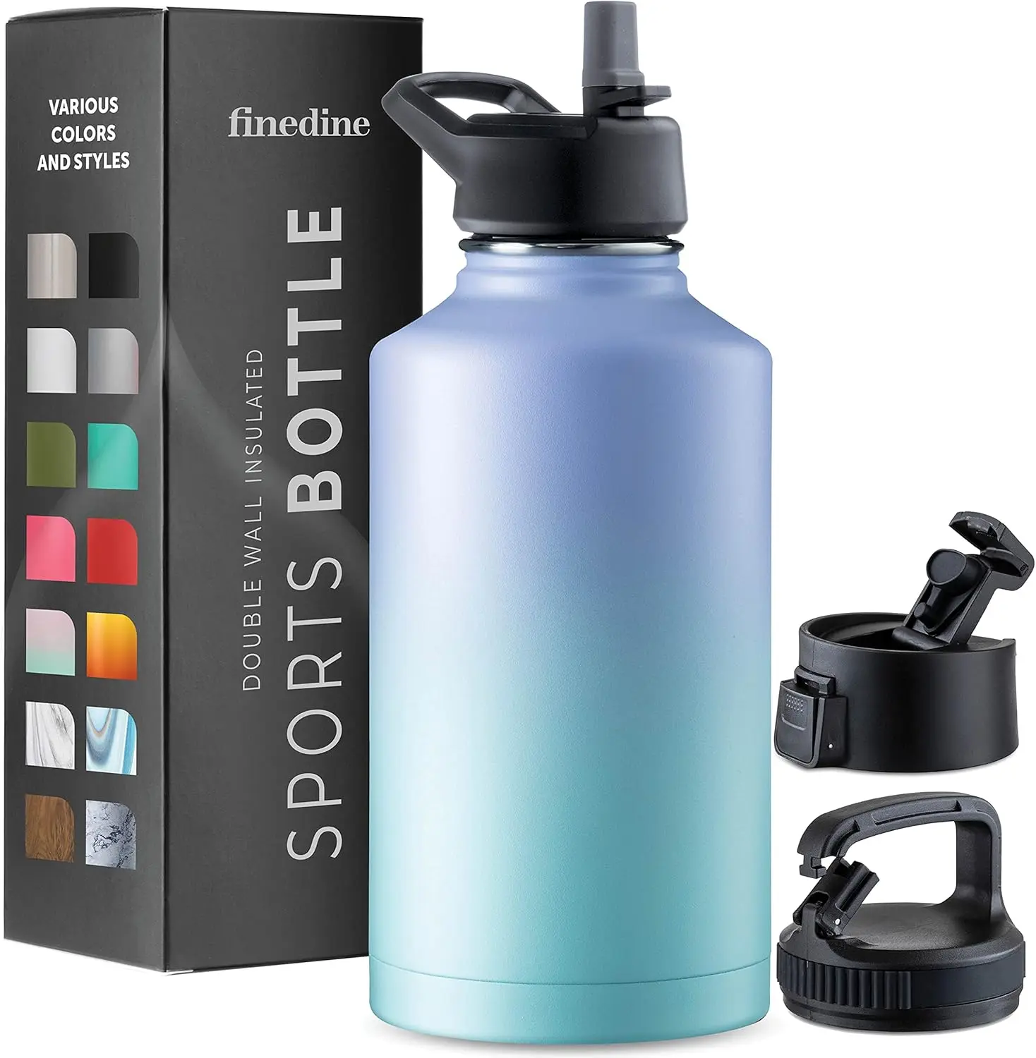 FineDine Insulated Water Bottles with Straw - 64 Oz Stainless Steel Metal Water Bottle W/ 3 Lids - Reusable for Travel, Camping, Bike, Sports