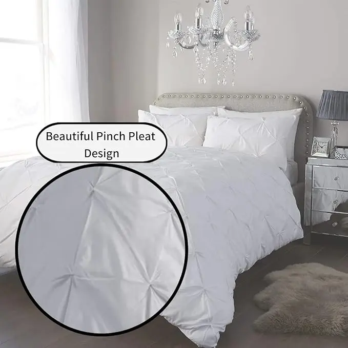 Pintuck Pinch Pleated Duvet Cover Set with Matching Pillow Cases - Soft Microfiber, 200 Thread Count, Luxury Hotel Quality Quilt Bedding Cover, UK Sizes 8