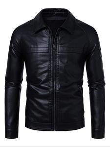 Men's Solid Pocket Zipper Pu Leather Jacket, Regular Fit Casual Long Sleeve Collared Outerwear for Daily Wear, Men's Clothing for All Seasons, Coat