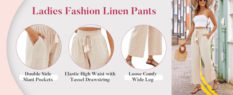 Product Introduction of Women's Casual Cotton Linen Pants Wide Leg Lounge Trousers with Pockets Elastic High Waist with Drawstring Pants 7