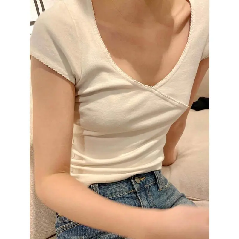Vintage Slim T-Shirt Summer V Neck Streetwear Cotton Top 2024 Femme Sweet Cute Y2k Simple Tee Tops Woman Clothes 4