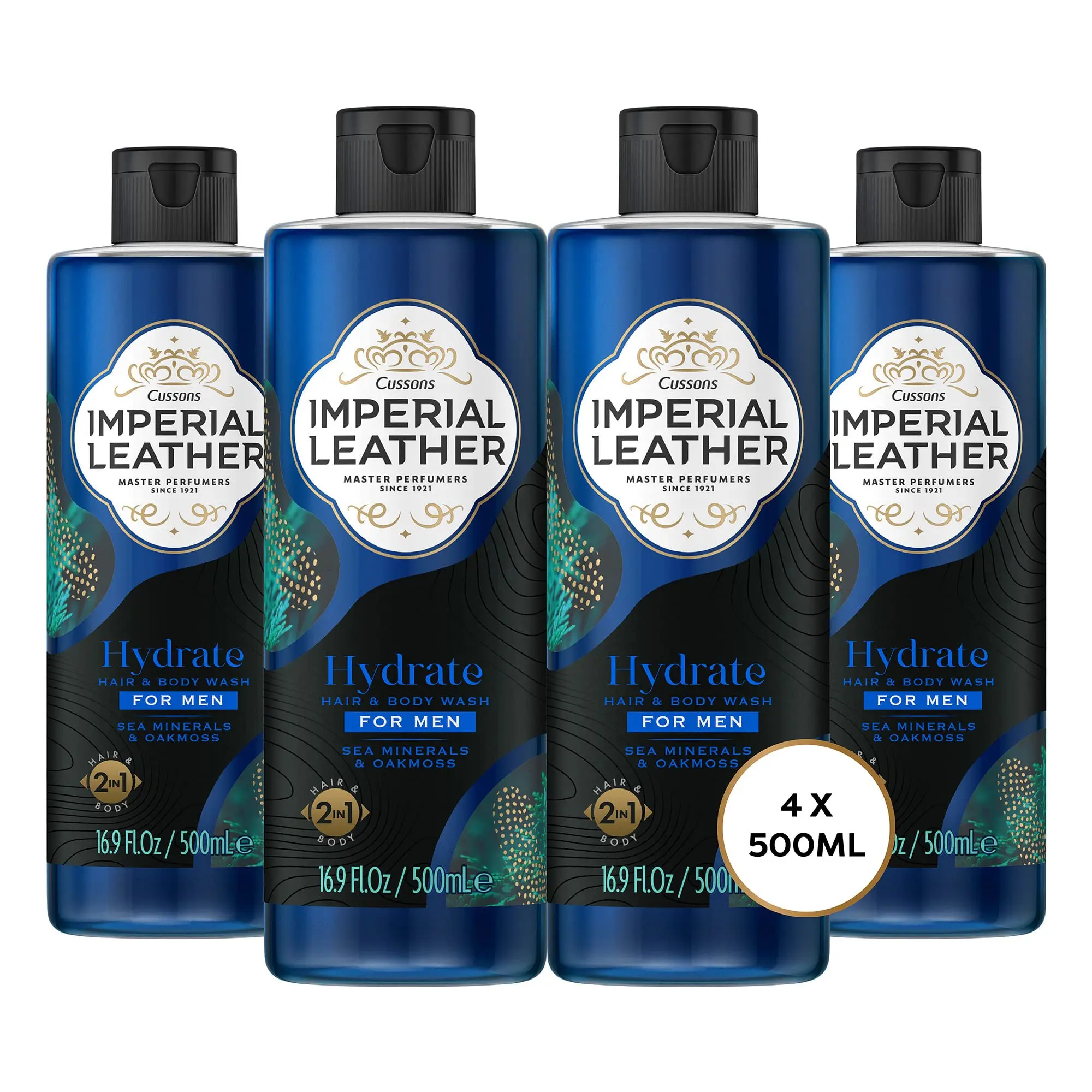 Imperial Leather Hydrate Men Shower Gel 2in1 Hair and Body Wash, Sea Minerals and Oakmoss, Vegan and Cruelty Free Shower Gel, Bulk Buy, Pack of 4 x 500 ml