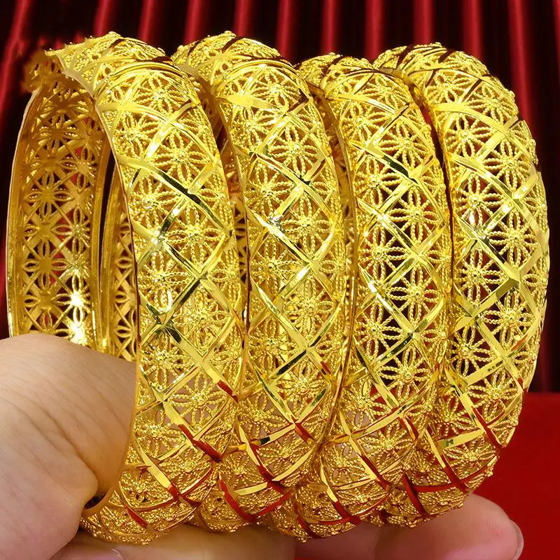 2 Piece 24K Gold Plated Bracelet Middle Eastern Dubai Style Fashion Ladies Wedding Exquisite Trendy Cuff Bangle 3
