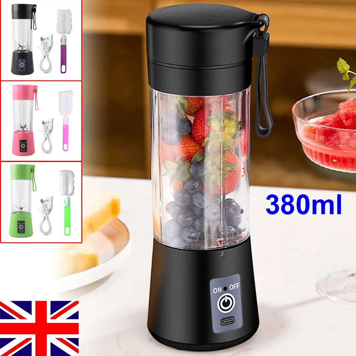 UK Cordless Electric Juicer Cup 380ml Portable Blender USB Rechargeable Fruit Juice Mixer, Mini Smoothie Blender, High Quality Electric Juicing Cup Bottle Shaker