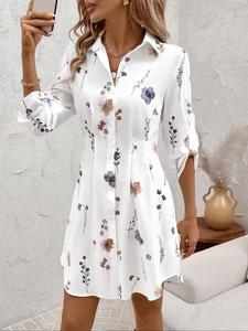 Women's Floral Print Shirt Dress, Casual Long Sleeve Collared Dress for Summer, Ladies Clothes for Daily Wear