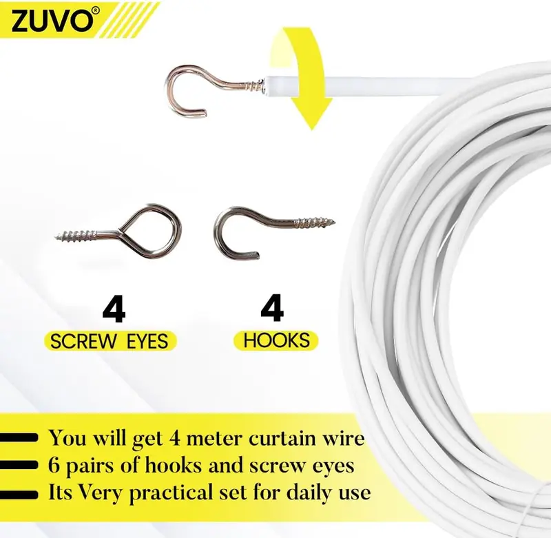Net Curtain Wire with Hooks and Eyes - 3 m Extra Strong Curtain Wire with 4 Hooks and Eyes - Perfect Curtain Wire Kit, White 2