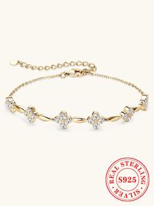 S925 Sterling Silver Flower Design Lobster Closure Bracelet, Fashionable Synthetic Moissanite Decorated Bracelet for Women & Girls, Trendy All-match & Exquisite Jewelry for Birthday Gift