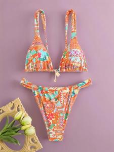 Women's Tie Back Swim Top & Swim Bottom Floral Print Bikinis Set, Casual Fashion Chic Backless Swim Top & Swim Bottom Swimsuit, Ladies Swimwear for All Seasons, Beach Bathing Suit, Plants Print Swimsuit, Summer Bikini Beach