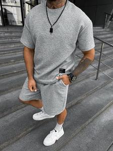 Men's Solid Color Letter Patched Jacquard Knitted Shortsleeve Tee & Drawstring Waist Shorts Set, Regular Fit Casual Comfy Round Neck T-shirt & Pocket Track Shorts, Fashion Summer Clothes Set for Men, Menswear