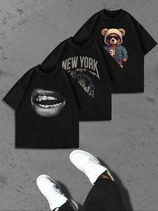 Men's Cartoon Bear & Letter Print Round Neck Tee, Loose Casual Short Sleeve T-shirt for Summer, Men's Top for Daily Wear, Tropical