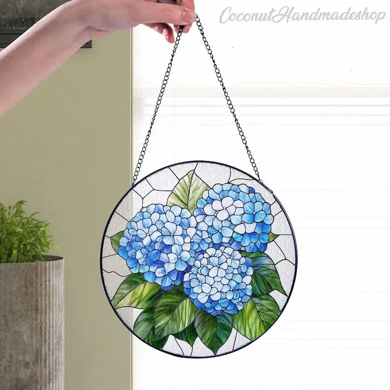 Hydrangea Flower Glass Suncatcher, Floral Hanging Window, Hydrangea Glass Ornament, Birth Month Flower Gift, Gift for Her, Mothers Gift 6