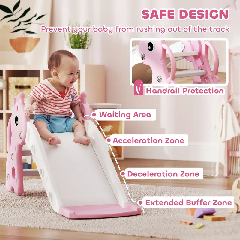 AIYAPLAY 3 in 1 Kids Slide with Climber, Basketball Hoop and Ball, Giraffe Shape Climber Slide for Indoor Kids Age 1-3, Pink 5