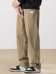 Men's Letter Patched Drawstring Waist Pants, Loose Casual Pocket Trousers for Fall & Winter, Men's Bottoms for Daily Wear