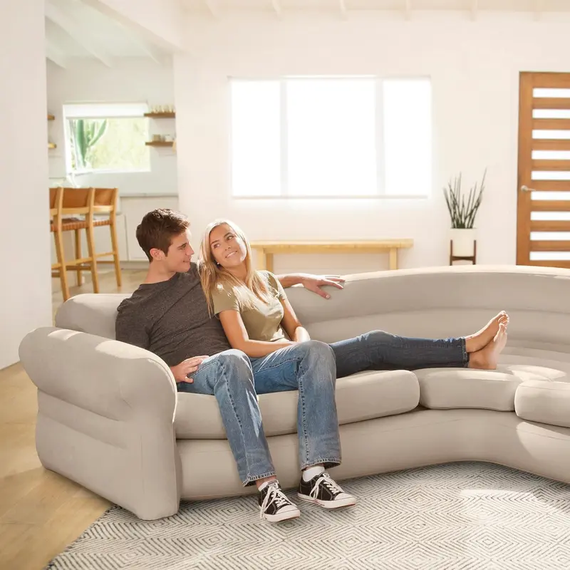 Inflatable Waterproof Flocked Top Surface Corner Living Room Air Mattress, Sectional Sofa Couch for Any Rec Room, Game Room, or Dorm Room 257 X 203 X 76 CM - Beige 0
