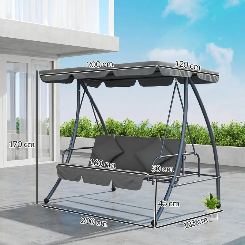 Light Grey 3 Seater Garden Swing Chair Lounger With Cushion and Tilt Canopy by Outsunny 2