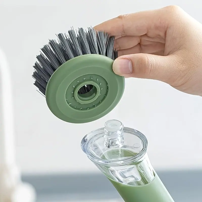 Ergonomic Dishwashing Brush with Built-In Soap Dispenser – Extended Green Handle, Replaceable Head for Easy Cleaning of Pots, Pans & Sinks – Essential Kitchen Tool 1