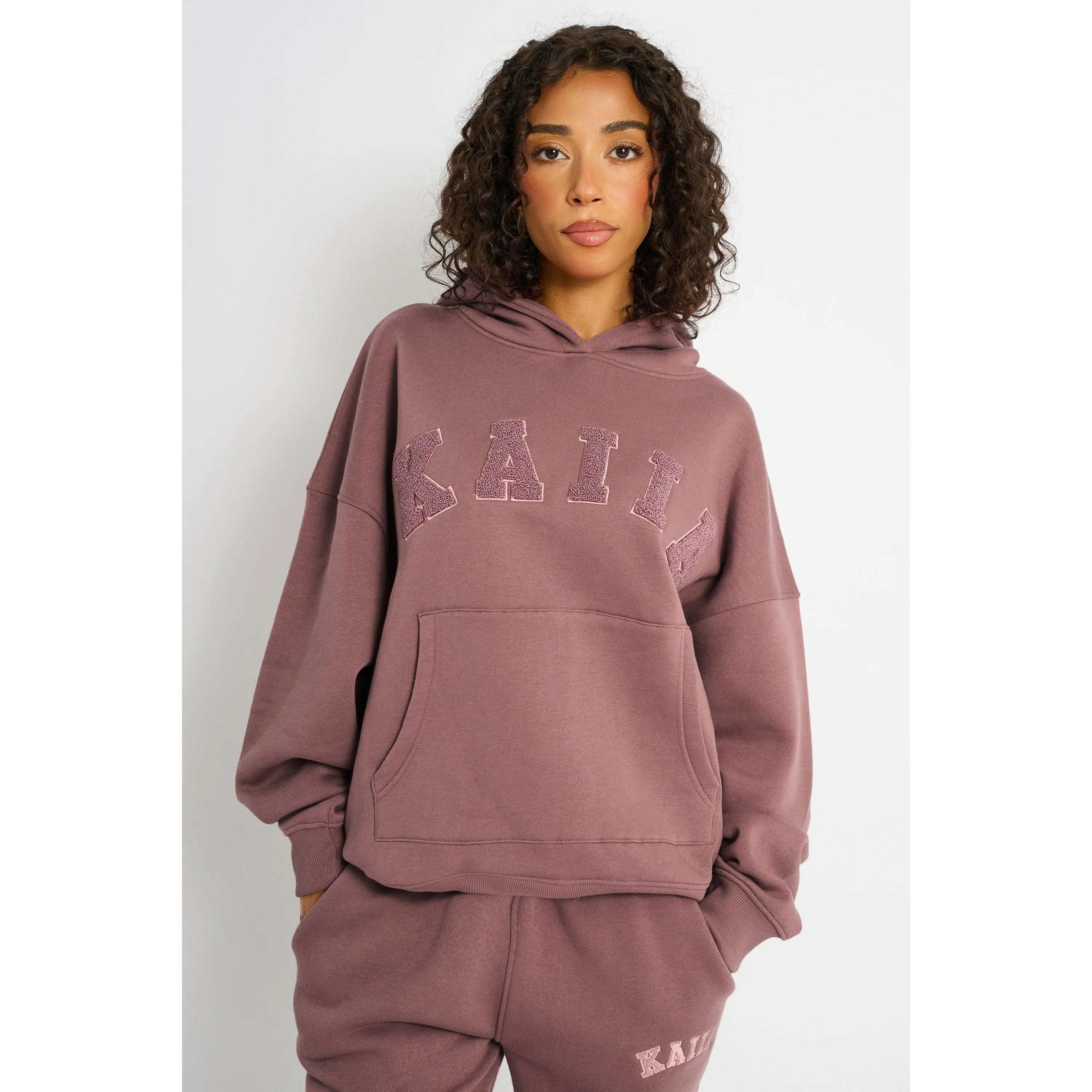 Kaiia Borg Slogan Oversized Hoodie Rose