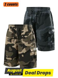 Men's Solid / Camo Print Cargo Shorts, Casual Comfy Breathable Elastic Waist Shorts for Daily Wear, Men's Bottoms for All Seasons, Athletic Shorts
