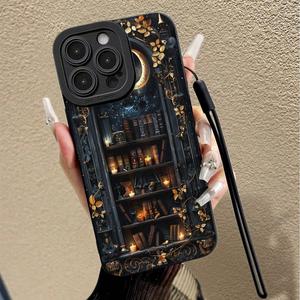 Book & Moon Pattern Phone Case with Phone Chain, Shockproof Phone Protective Cover, Phone Accessory Compatible with iPhone 11 12 13 14 15 Pro Max, Casing