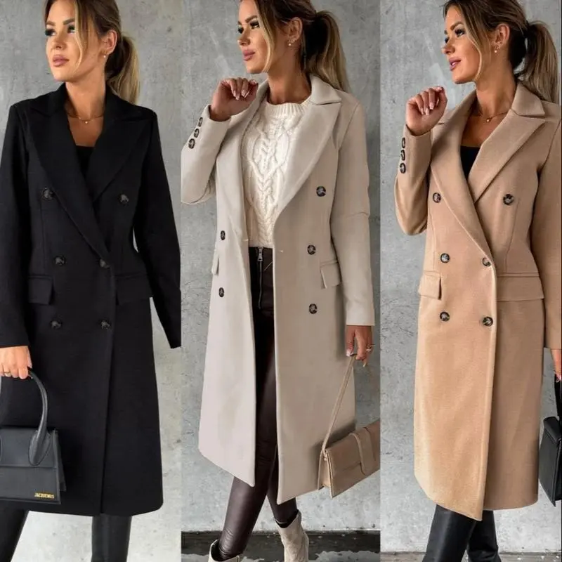 New Product Winter Trench Elegant Ladies Solid Color Long Sleeve Double Breasted Long Women's Coats for Ladies