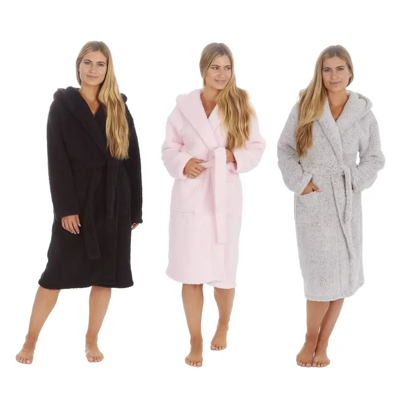 Ladies Plain Borg Fleece Warm Winter Hooded Dressing Gown ~ S-XL 0