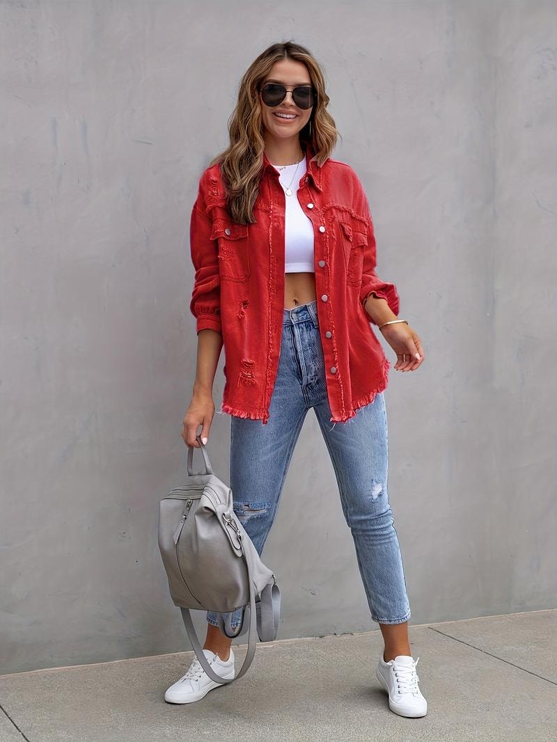 Product Introduction of 2025 New Denim Jacket Women's Solid Color Loose Jacket Ripped Long Sleeve Women's Denim Shirt Hot Selling 9