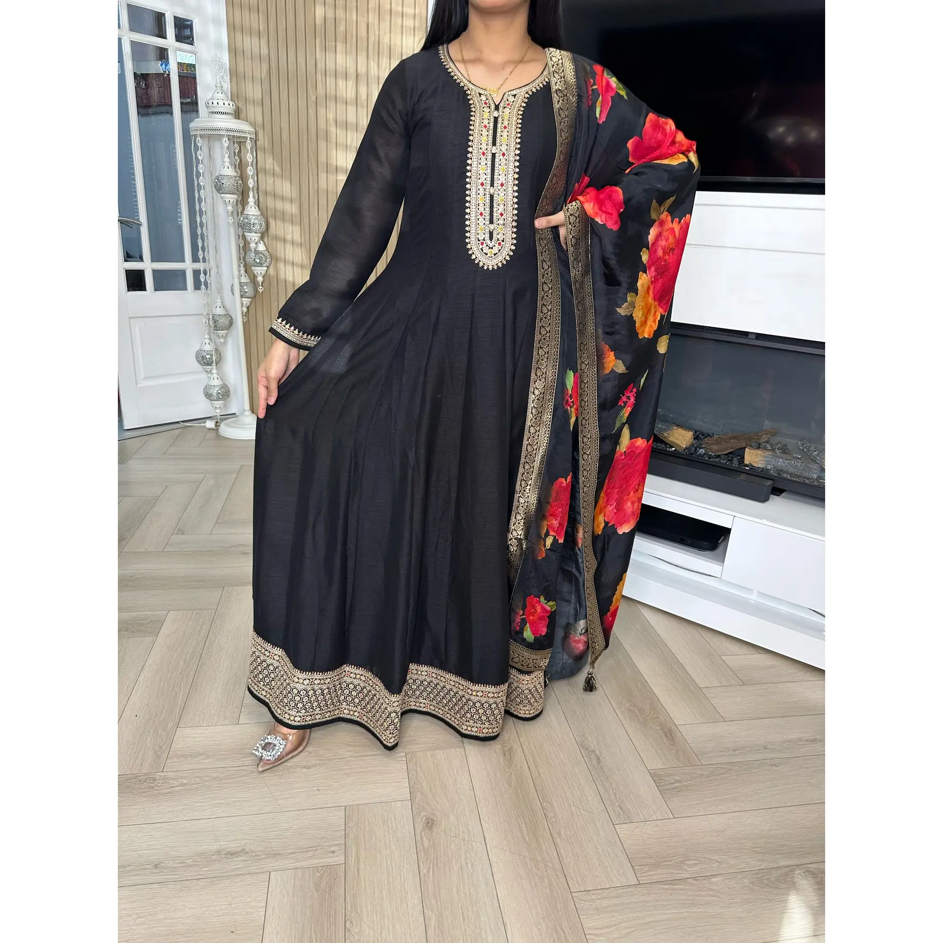 Falak 2pc Indian Silk Dress with Floral Dupatta