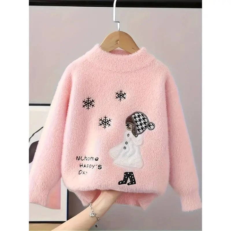 Girls' Imitation Mink Plush Sweater - High Neck Floral Print Pullover with Snowflake Design & "None So Happy’s Day" Text, Cozy Winter Knit Top for Youngsters, Hand Wash Only, Sweaters for Girls, Youngsters's Winter Wear,Soft Texture Fabric 1