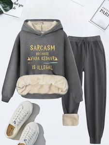 Women's Halloween Letter Print Thermal Lined Sweatshirt & Drawstring Waist Pants Two-piece Set, Casual Long Sleeve Hooded Pullover & Pocket Trousers for Fall & Winter, Women's Clothes for Daily Wear