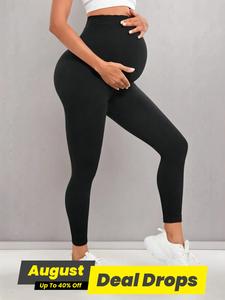 Maternity's Solid High Waist Leggings, Casual Comfy Breathable High Stretch Seamless Yoga Leggings for Pregnancy, Maternity Bottoms for All Seasons, Maternity Clothing