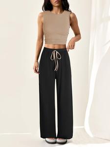 Women's Two-Piece Set, Casual Fitted Sleeveless Top & Wide-Leg Pants, Summer, Elegant Round Neck Design, Daily Wear